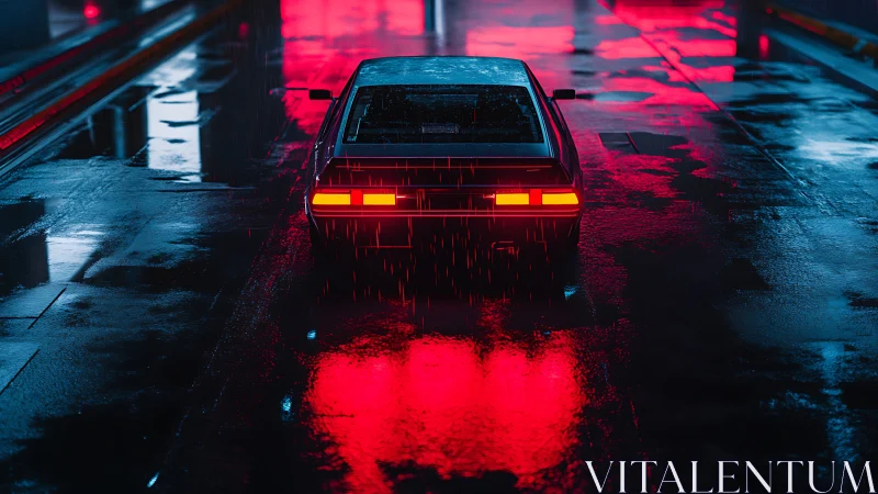 Neon-lit retro coupe in rainy tunnel with reflective wet asphalt