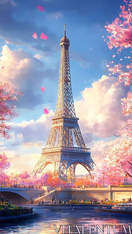 Eiffel Tower over river framed by pink spring blossoms.