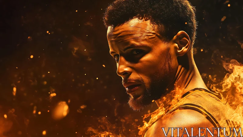 Digital portrait of basketball player amid dynamic fire effects
