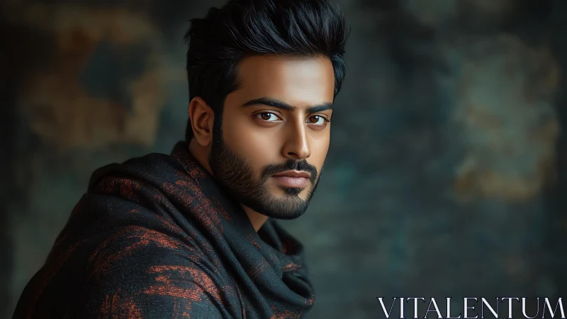 Digital portrait shows man in shawl against blurred backdrop