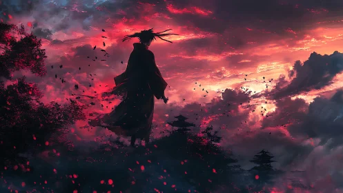 Crimson storm crowns a lone wanderer above shadowed temples