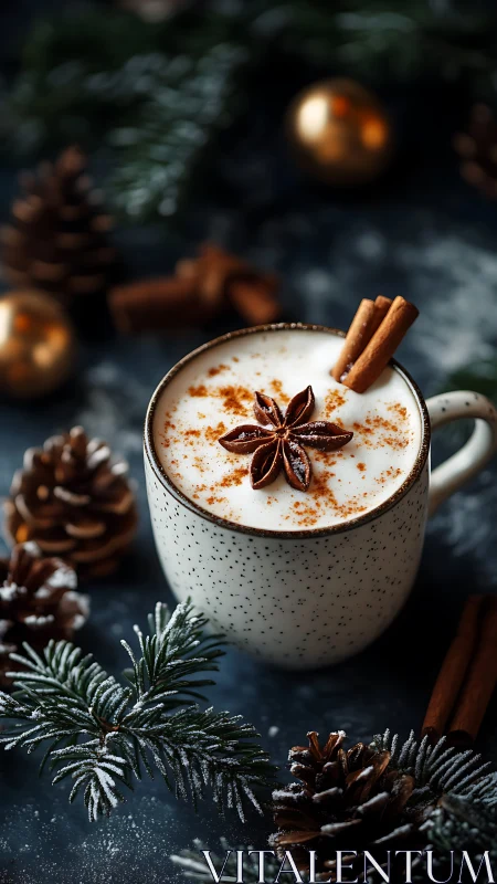 Winter-spiced latte glows amid frosted pine and candlelight.