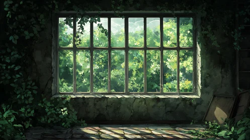 Sunlit overgrown window bathes an abandoned room in calm
