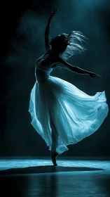 Backlit dancer in fluid motion study with volumetric stage light.