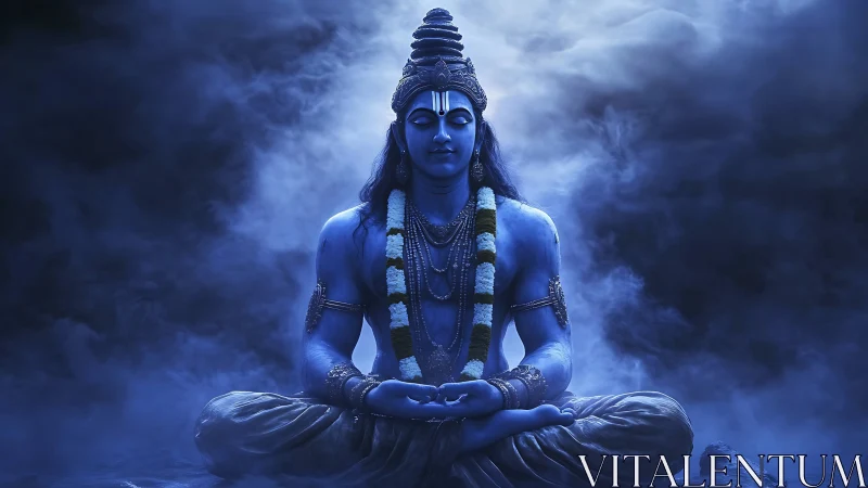 Serene blue deity in meditative stillness amid swirling mist.