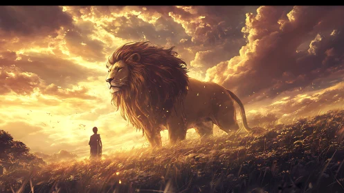 Golden sunset guardian lion walking beside a small child.