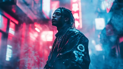 Cyberpunk neon portrait in vapor-dense urban alleyway.