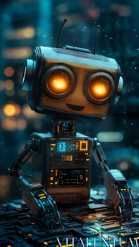 Cute robot glows warmly amid neon circuitry at night