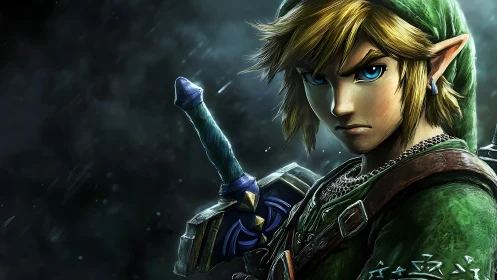 Determined elf warrior with sword in dark stormy setting.