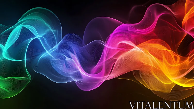 Vibrant neon light waves flow across deep black void.