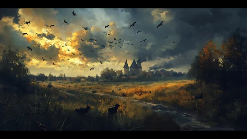 Storm-lit castle rises over brooding fields at dusk.