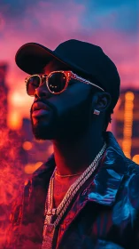 Stylish man in cap and sunglasses at neon city sunset.