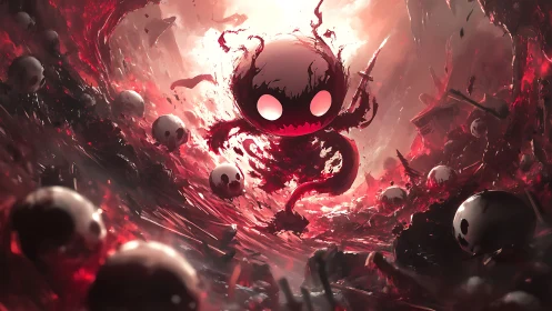 Playful void spirit swirling through a crimson stormscape.