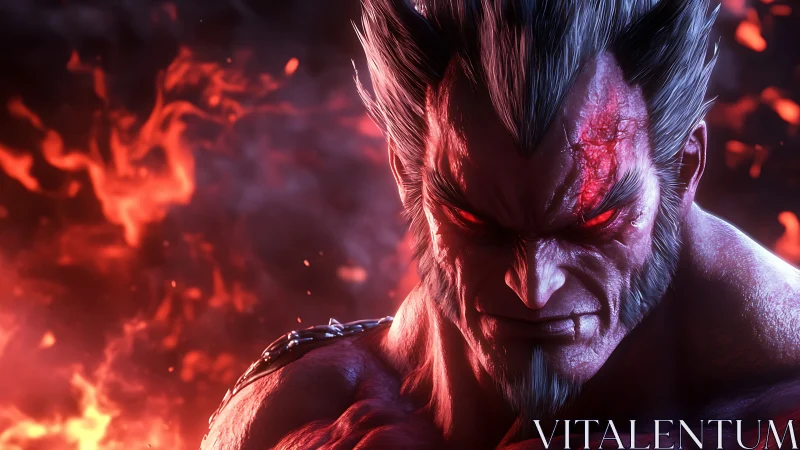 3D infernal warrior portrait with dramatic fiery backlighting.