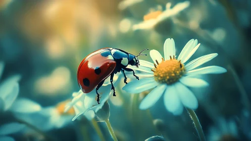 Gentle ladybug resting on a dreamy daisy in soft light.