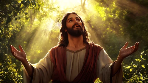 Gentle robed figure lifts open hands in golden forest light