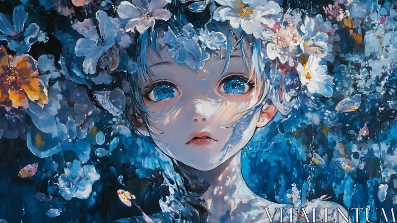 Chromatic portrait of floral-crowned figure in aqueous bloom.