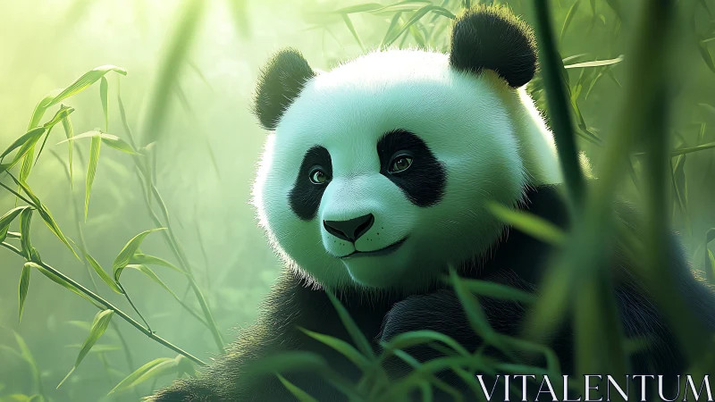 Digitally rendered giant panda among dense bamboo foliage.