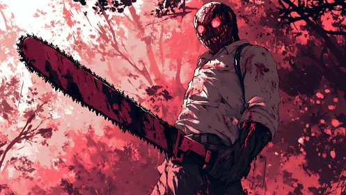 Bloodstained chainsaw killer under crimson forest canopy