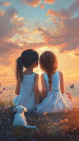 Two Children Gazing at Dramatic Sunset Over Wildflower Meadow