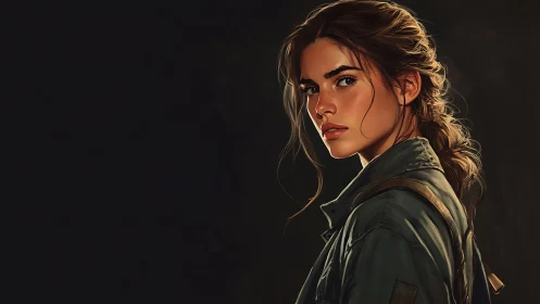 Woman in utilitarian jacket against dark neutral background.