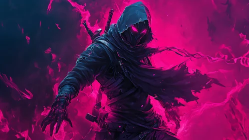 Hooded cyber-assassin summons neon energy in dynamic stance