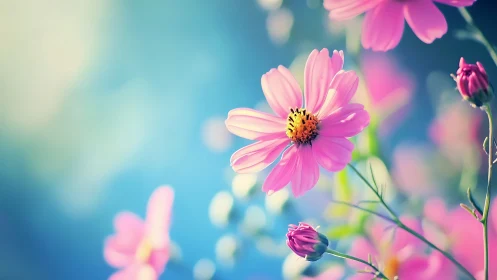 Pink Cosmos Flowers Blooming Against Blue Sky