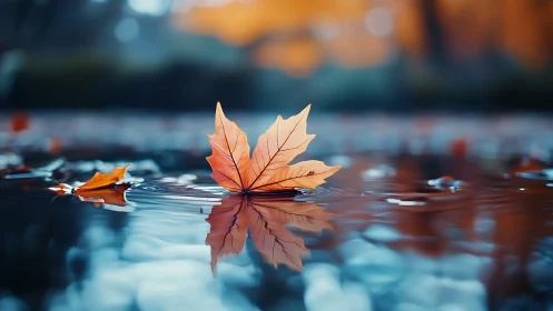 Orange maple leaf on reflective water surface in autumn.
