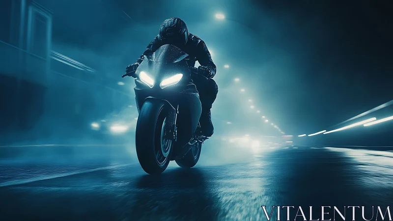 Motorcyclist riding sport bike on wet city street at night.