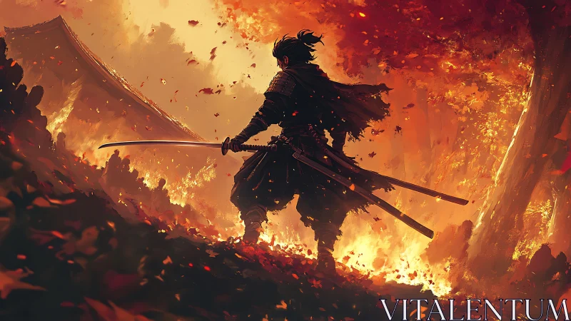Lone samurai carves a path of ember-lit autumn fury.