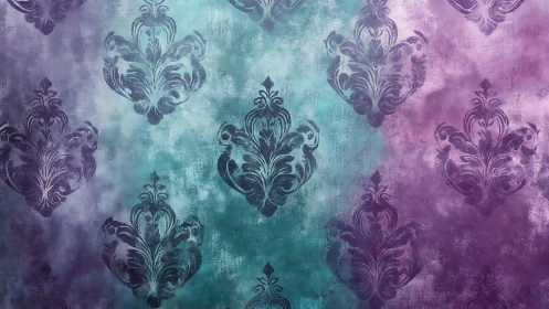 Iridescent damask motif on textured teal violet gradient field