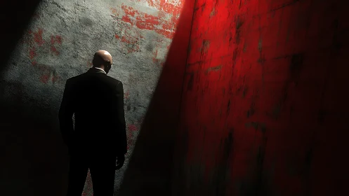 Bald man in suit stands in harsh red and gray light.