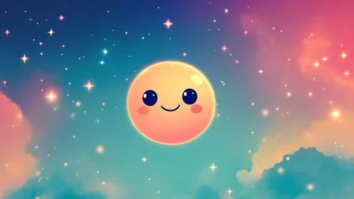 Smiling cartoon sun floats in colorful starry twilight sky