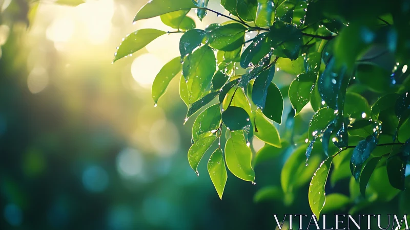 Morning light dances on dew-covered green leaves in closeup