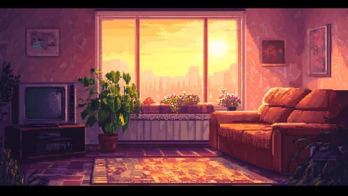 Golden hour living room retreat in cozy pixel warmth.