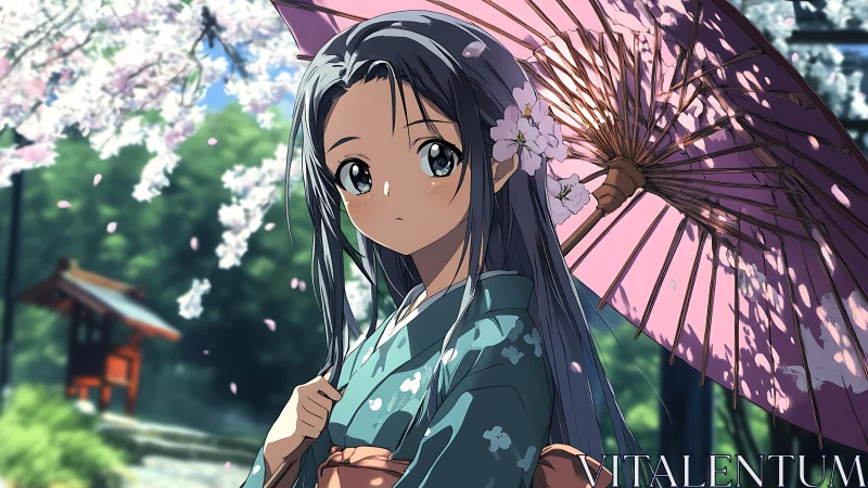 Anime girl in kimono under pink parasol with blossoms.
