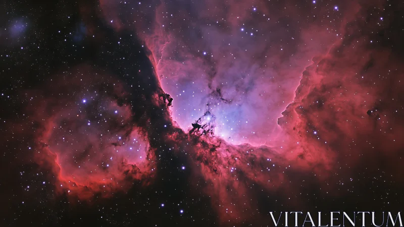 Nebula core glows in vivid pink clouds and distant stars.