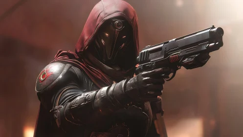 Armored sci fi gunslinger in red hood aiming heavy pistol