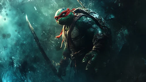 Armored turtle warrior stands in stormlit underwater cavern.