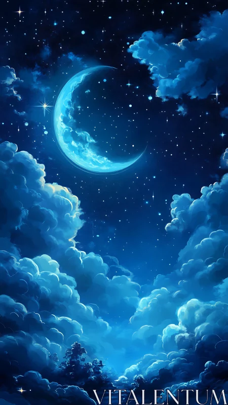 Crescent moon over glowing clouds in a deep blue night sky.