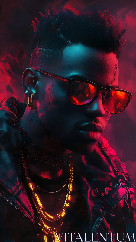 Moody neon portrait of a stylish man in glowing red light.