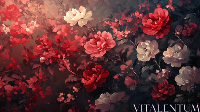 Vibrant Peonies and Red Roses Bloom in Moody Floral Garden.