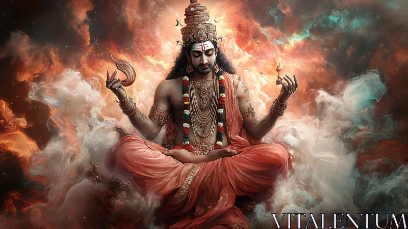 Divine meditative deity in cosmic nebula with ornate regalia.