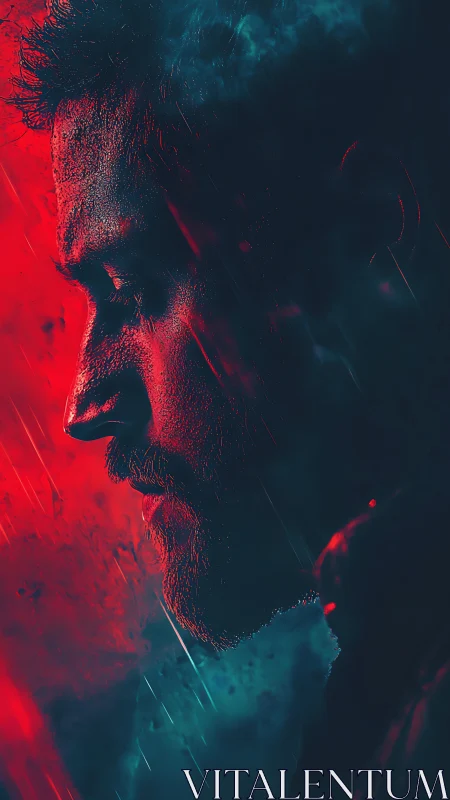 Moody side profile glows in neon red and cyan haze.