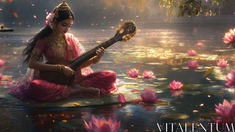 Divine musician on lotus lake under golden dusk light.