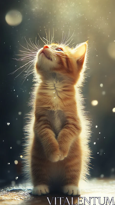 Orange cat sitting upright gazes toward moon and stars.