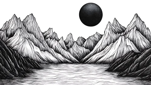 Monochrome alpine lake beneath a stippled celestial sphere