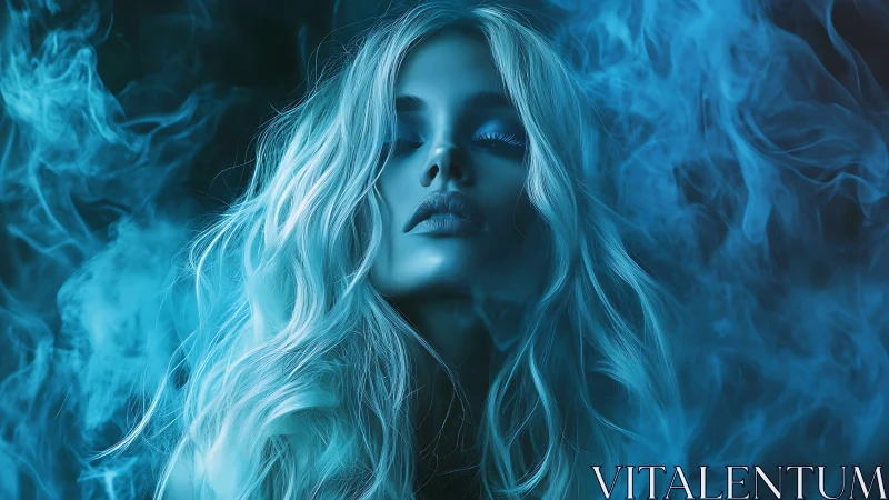 Ethereal blue portrait amid swirling digital smoke.