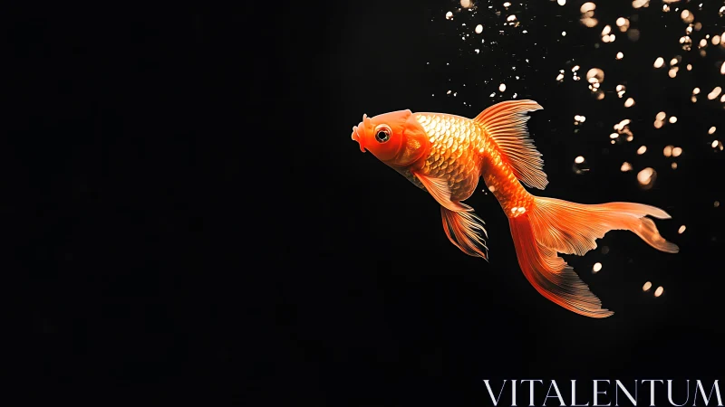 Golden koi glides through black water with drifting bubbles.