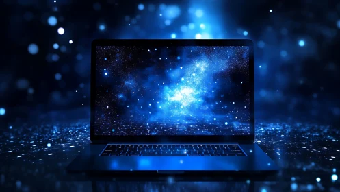 Open laptop displays glowing cosmic galaxy in blue light